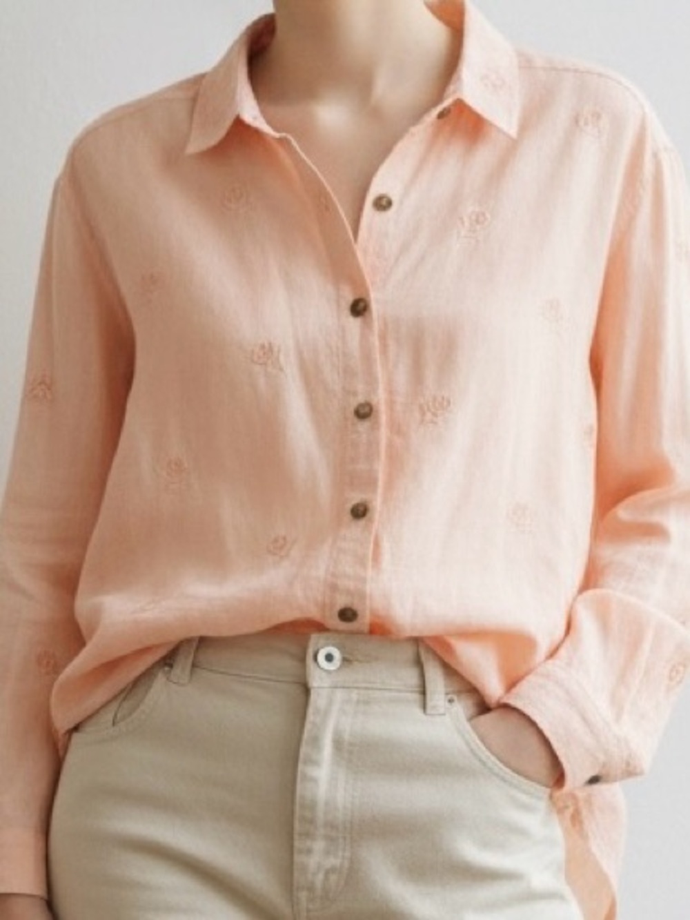 100% Linen Embroidered Button Front Shirt 2X Plus Pink Lagenlook Cottage